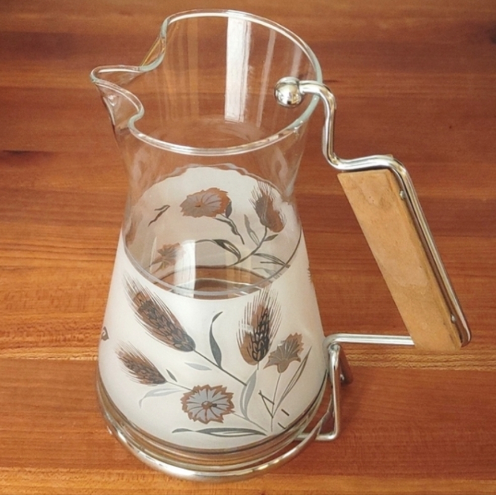 MCM Libbey Glass Wood & Metal Pitcher